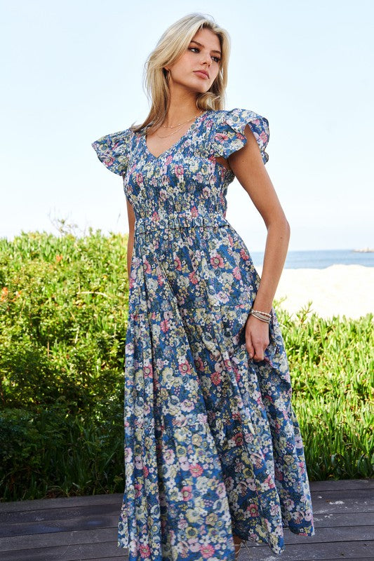 Abigail Floral Flutter Smocking Midi Dress