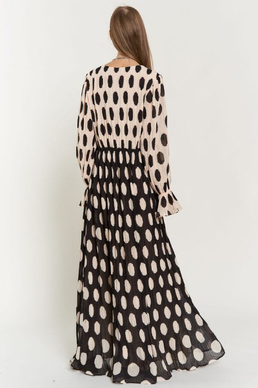 Isabella Polka Dot Ruffled Long Sleeve Pleated Maxi Dress