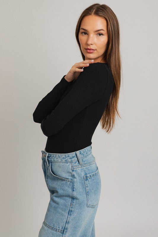 Nora Long Sleeve Round Neck Ribbed Bodysuit