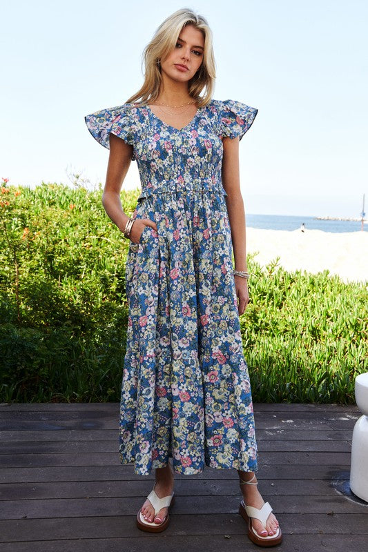 Abigail Floral Flutter Smocking Midi Dress