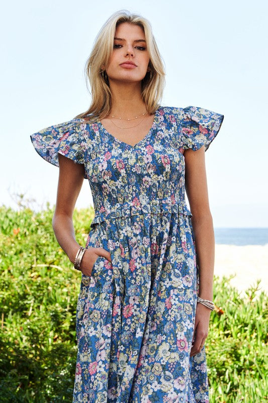 Abigail Floral Flutter Smocking Midi Dress