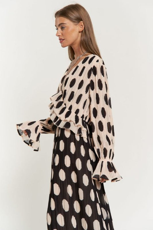 Isabella Polka Dot Ruffled Long Sleeve Pleated Maxi Dress