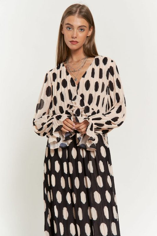 Isabella Polka Dot Ruffled Long Sleeve Pleated Maxi Dress