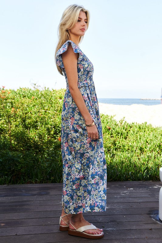 Abigail Floral Flutter Smocking Midi Dress