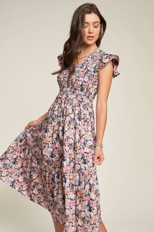 Abigail Floral Flutter Smocking Midi Dress