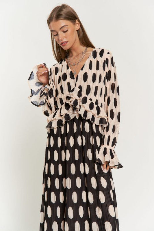 Isabella Polka Dot Ruffled Long Sleeve Pleated Maxi Dress