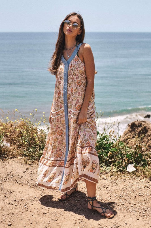 Charlie Floral Border Printed V-Neck Sleeveless Maxi Dress