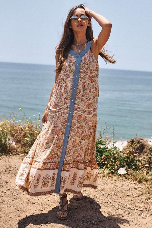 Charlie Floral Border Printed V-Neck Sleeveless Maxi Dress