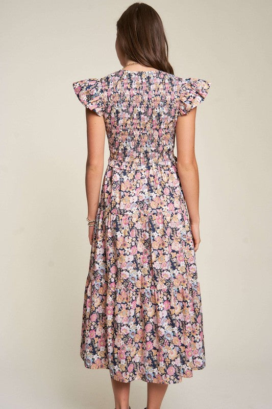 Abigail Floral Flutter Smocking Midi Dress