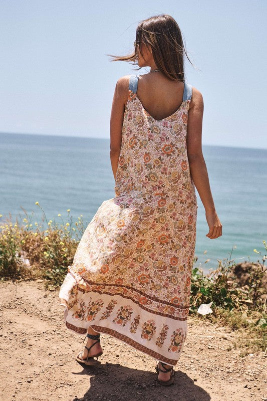 Charlie Floral Border Printed V-Neck Sleeveless Maxi Dress