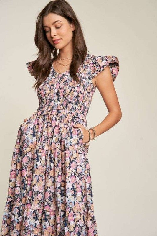 Abigail Floral Flutter Smocking Midi Dress