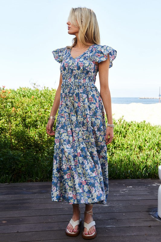 Abigail Floral Flutter Smocking Midi Dress