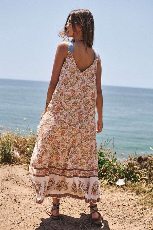 Charlie Floral Border Printed V-Neck Sleeveless Maxi Dress