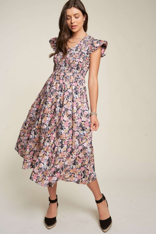 Abigail Floral Flutter Smocking Midi Dress