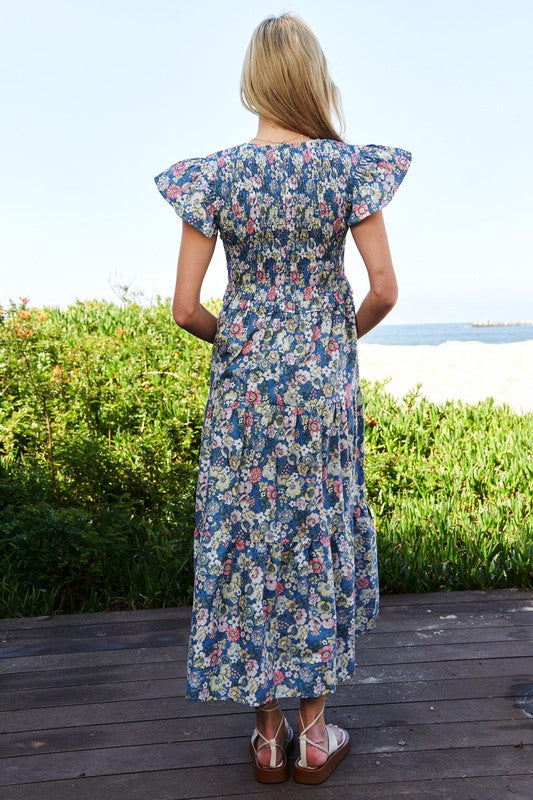 Abigail Floral Flutter Smocking Midi Dress