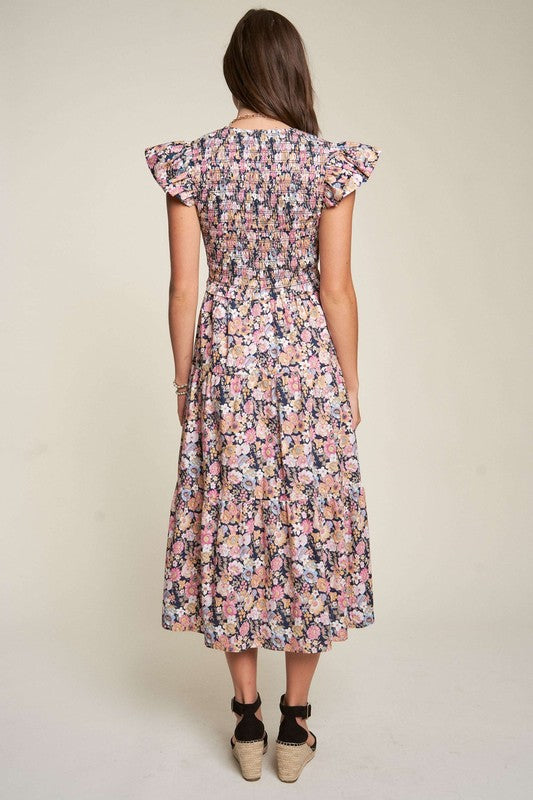 Abigail Floral Flutter Smocking Midi Dress