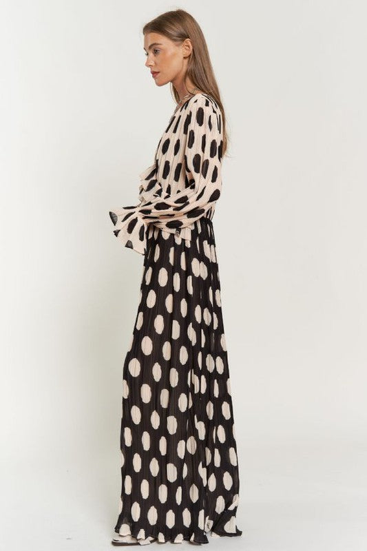 Isabella Polka Dot Ruffled Long Sleeve Pleated Maxi Dress