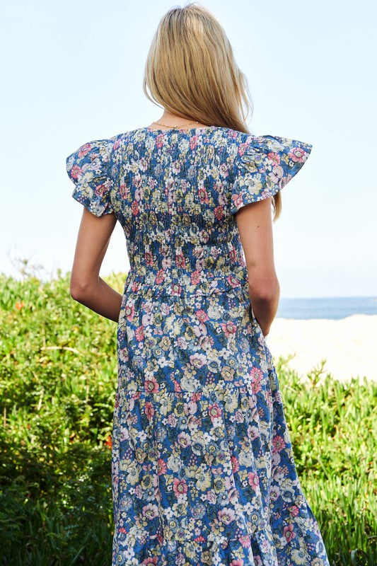 Abigail Floral Flutter Smocking Midi Dress