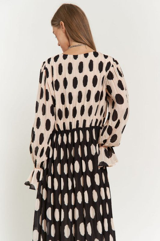 Isabella Polka Dot Ruffled Long Sleeve Pleated Maxi Dress