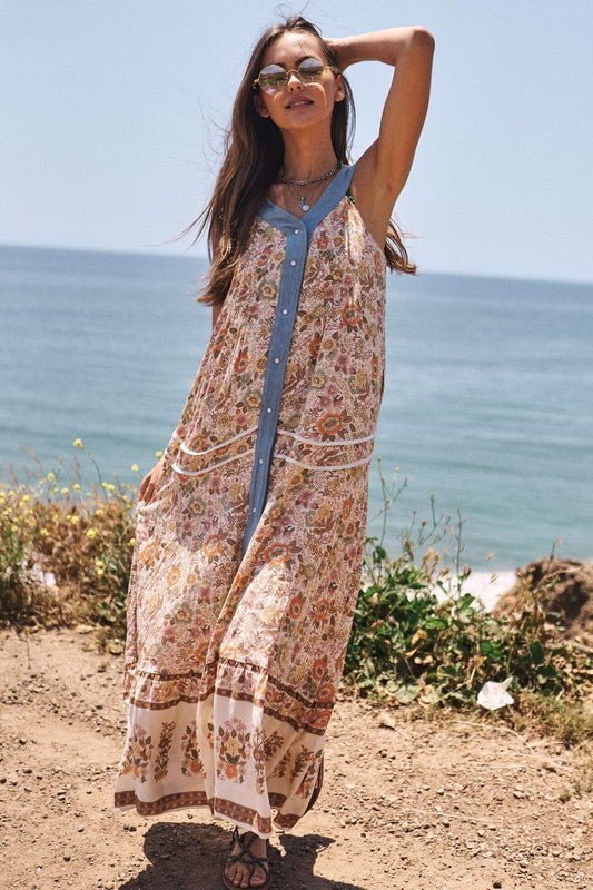 Charlie Floral Border Printed V-Neck Sleeveless Maxi Dress