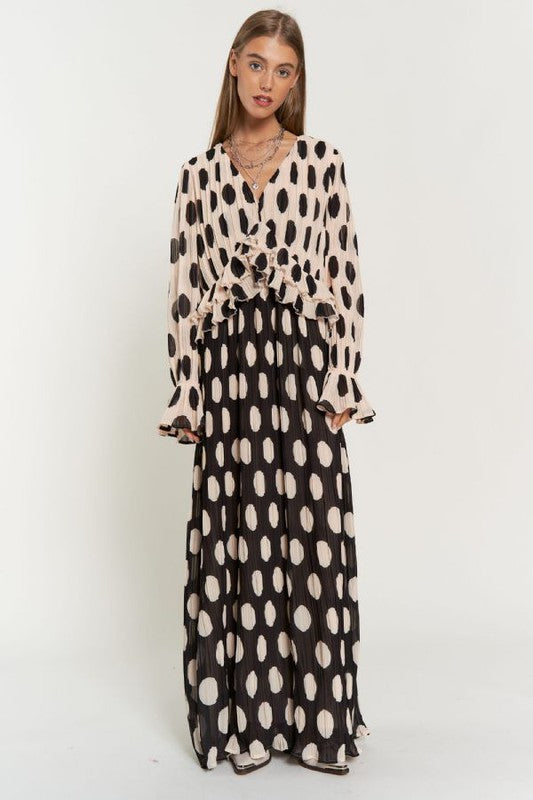 Isabella Polka Dot Ruffled Long Sleeve Pleated Maxi Dress