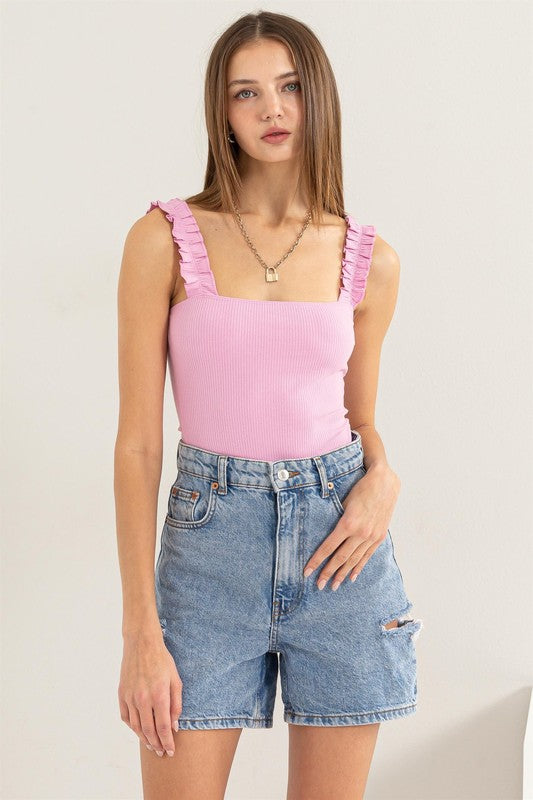 Kaylee Ribbed Ruffle Strap Bodysuit