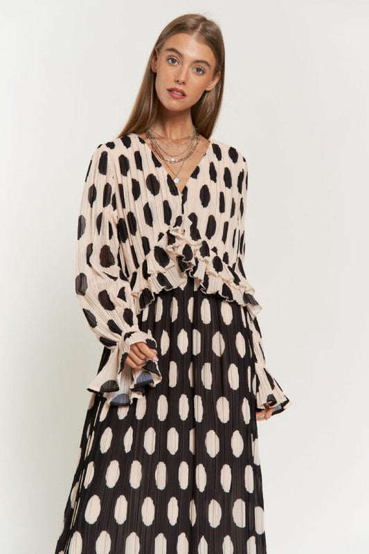 Isabella Polka Dot Ruffled Long Sleeve Pleated Maxi Dress