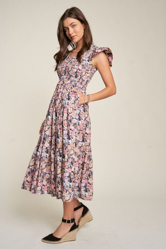 Abigail Floral Flutter Smocking Midi Dress