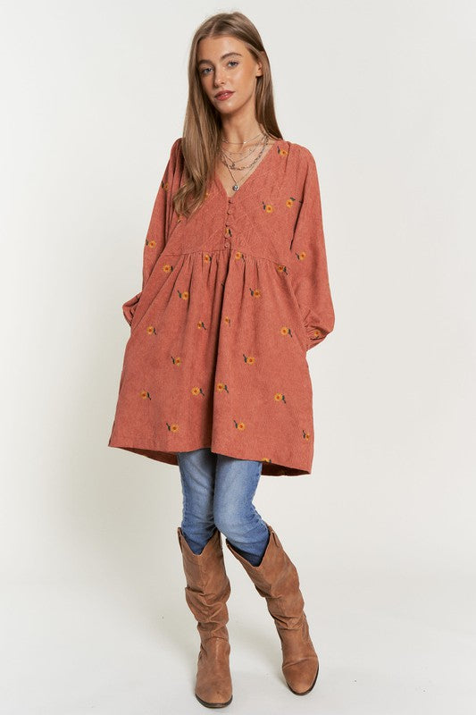 Faith Corduroy Henley Mini Dress